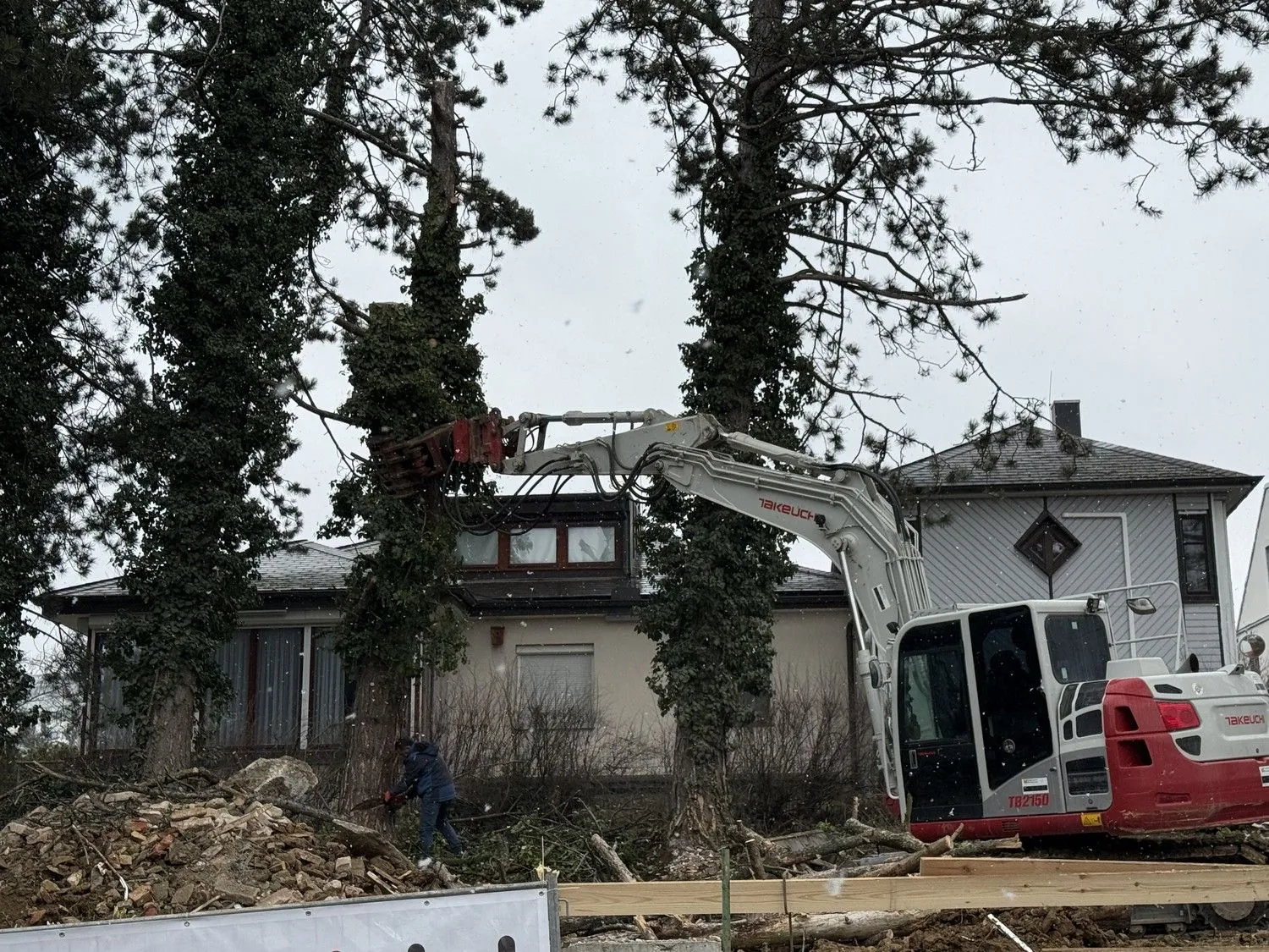 Abbruchbagger zwischen hohen Bäumen vor einem alten Haus